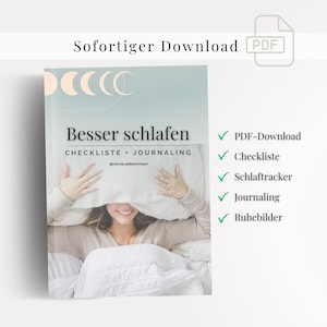 Könnte beinhalten: Ein digitaler Download für eine Checkliste und ein Journaling-Guide, um besser zu schlafen. Das Cover zeigt eine Frau im Bett mit einem Kissen über dem Gesicht, die lächelt. Der Text auf dem Cover lautet "Besser schlafen".