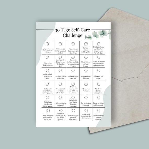 POSTKARTE 30 Tage Self-Care-Challenge, Karte Selbstfürsorge, Achtsamkeit Format A6