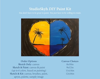 May include: A DIY paint kit featuring a heart-shaped canvas with a sunset and ocean scene. The kit includes a canvas, paint, brushes, and other supplies. The text on the image reads "StudioSkyh DIY Paint Kit" and "You don't have to be great to paint. You just have to be willing to create."