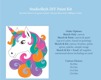 Unicorn, Kids DIY Paint Kit, Pre Sketched Canvas, Paint and Sip Kit, Sip and Paint Kit