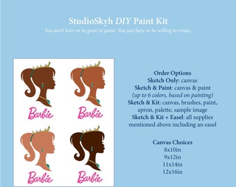 Barbie Girl DIY Paint Kit, Pre-Sketched Canvas, Paint and Sip Kit, Sip and Paint Kit