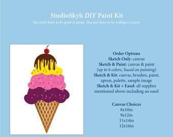 Ice Cream Sundae Kids DIY Paint Party Kit, Pre-Sketched Canvas, Paint and Sip Kit, Sip and Paint Kit