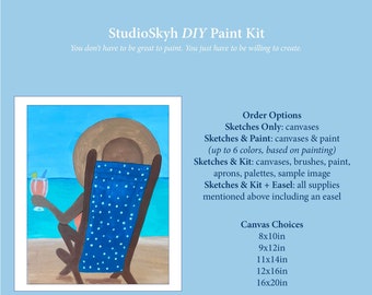 Beach DIY Paint Kit, Ladies, Friends, Couples Paint Party, Paint & Sip Kit, Pre-Sketched, Outlined Canvas