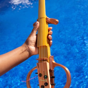 May include: A gold electric violin with a unique design, held by a hand against a blue pool background.
