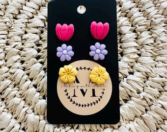 Pink Tulips, Purple Daisies, & Yellow Blossoms Earrings