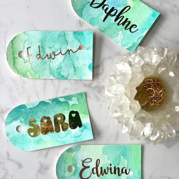 Personalized custom foiled gift tags - emerald dreams watercolor