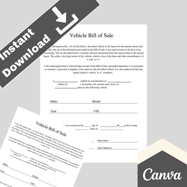 printable motor vehicle bill of sale bill of sale car sale etsy