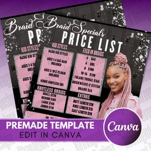 Braids Specials Price List - Hair Braiding Price List - Knotless Braids Price List - DIY Braids Flyer - Social Media Flyer - Canva Template