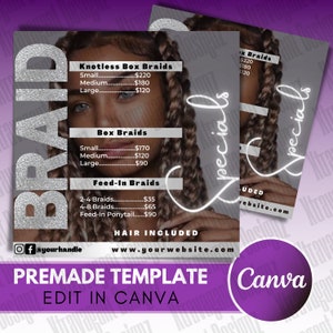 Braids Specials Flyer - Hair Braiding Flyer - Knotless Braids Flyer - DIY Braids Flyer - Social Media Flyer - Canva Template - Braids Flyer
