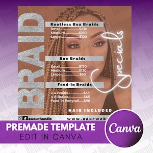 Braids Specials Flyer - Hair Braiding Flyer - Knotless Braids Flyer - DIY Braids Flyer - Social Media Flyer - Canva Template - Braids Flyer