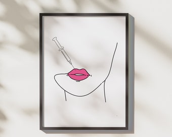 May include: Line art illustration of a face with a pink lip and a needle injecting the lip.
