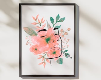 May include: A framed print of a watercolor illustration of a woman's face with pink flowers and green leaves. A needle is shown going into the woman's cheek.