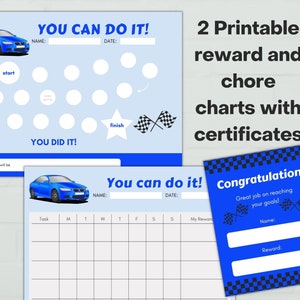 May include: Two printable reward and chore charts with certificates featuring a blue car and checkered flag design. The charts include spaces for names, dates, and tasks. The certificates say "Congratulations! Great job on reaching your goals!"