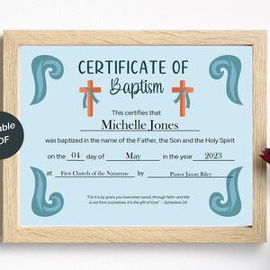 Certificado de Bautismo (11x8.5), PDF editable, plantilla de certificado de bautismo, certificado imprimible, certificado de la iglesia