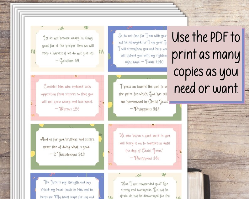 May include: A set of printable cards with inspirational bible verses. Each card features a different verse with a colorful background and floral design. The cards are perfect for sharing with friends and family or for personal reflection.