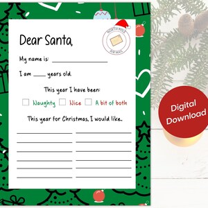 Brief an Santa Printable | Weihnachtsgeschenk Wunschliste Druckbare Vorlage | Geschenkliste des Kindes | Kinder Arbeitsblatt | Lieber Santa | Weihnachtsbrief