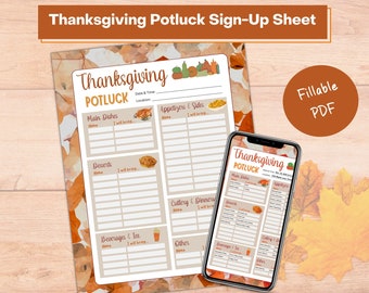 Könnte beinhalten: Thanksgiving-Potluck-Anmeldebogen mit einem Herbstblatt-Design. Das Blatt enthält Abschnitte für Hauptgerichte, Vorspeisen, Desserts, Getränke und Besteck. Ein Smartphone zeigt das gleiche Formular an.