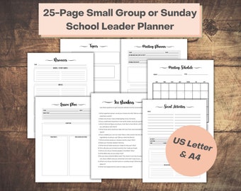 May include: A 25-page planner for small group or Sunday school leaders. The planner includes sections for topics, resources, meeting planner, meeting schedule, ice breakers, lesson plan, and social activities. The planner is available in US Letter and A4 sizes.