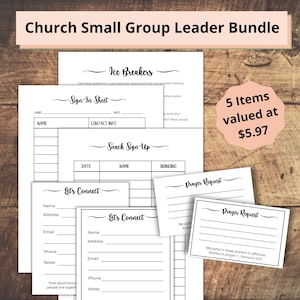 Bundel voor kleine groepsleiders, bronnen voor zondagsschoolleraren, kaarten met gebedsverzoeken, inlogblad, printables voor de kerk