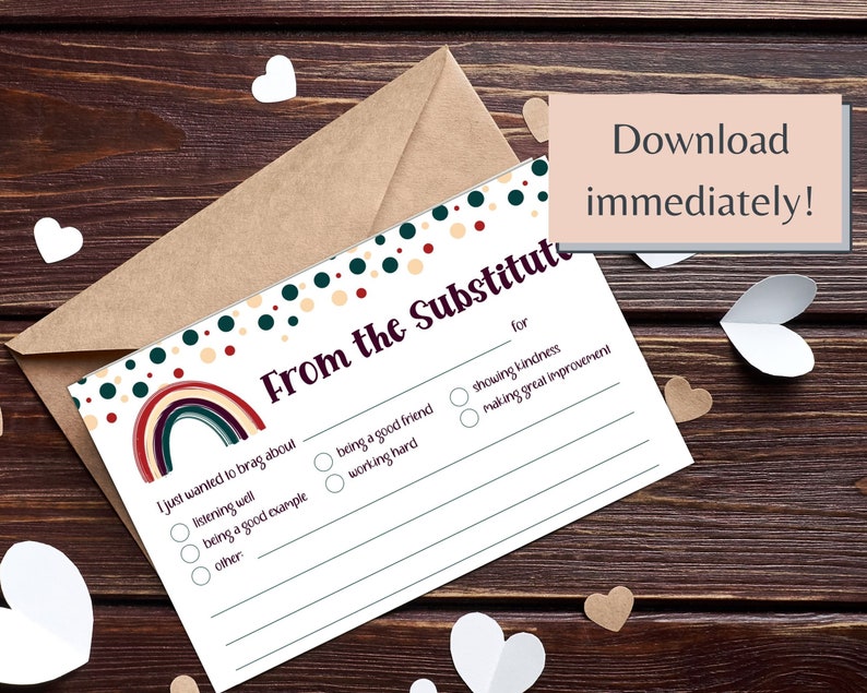 Substitute Mail Printable | Boho Rainbow Sub Note | Good Report from Teacher | Printable Notes | Teacher Brag Note | From the Substitute
