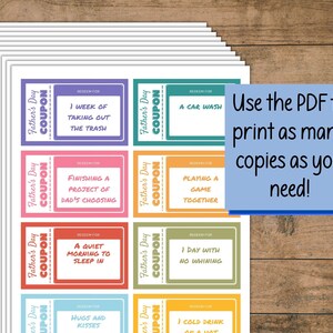 Peut inclure: Un ensemble de coupons imprimables pour la f&ecirc;te des p&egrave;res avec des arri&egrave;re-plans color&eacute;s et diff&eacute;rentes activit&eacute;s &agrave; &eacute;changer. Les coupons indiquent "&Eacute;changer contre" et comprennent des activit&eacute;s telles que "Un lavage de voiture", "Jouer &agrave; un jeu ensemble", "Une matin&eacute;e tranquille pour dormir", "Des c&acirc;lins et des bisous", et "Une boisson fra&icirc;che".
