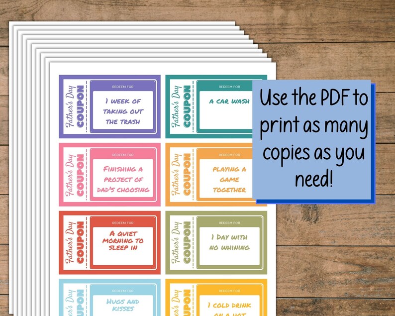 Peut inclure: Un ensemble de coupons imprimables pour la f&ecirc;te des p&egrave;res avec des arri&egrave;re-plans color&eacute;s et diff&eacute;rentes activit&eacute;s &agrave; &eacute;changer. Les coupons indiquent "&Eacute;changer contre" et comprennent des activit&eacute;s telles que "Un lavage de voiture", "Jouer &agrave; un jeu ensemble", "Une matin&eacute;e tranquille pour dormir", "Des c&acirc;lins et des bisous", et "Une boisson fra&icirc;che".