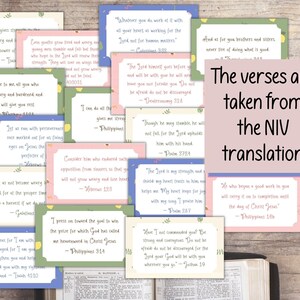 May include: A collection of 12 colorful cards with inspirational Bible verses from the NIV translation. Each card features a different verse with a floral design and a light pink, blue, or yellow background.
