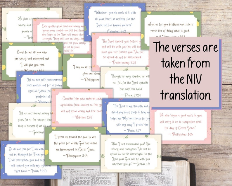 May include: A collection of 12 colorful cards with inspirational Bible verses from the NIV translation. Each card features a different verse with a floral design and a light pink, blue, or yellow background.