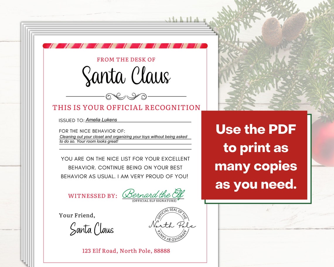 Letter From Santa for Nice List and Good Behavior Printable Nice List ...