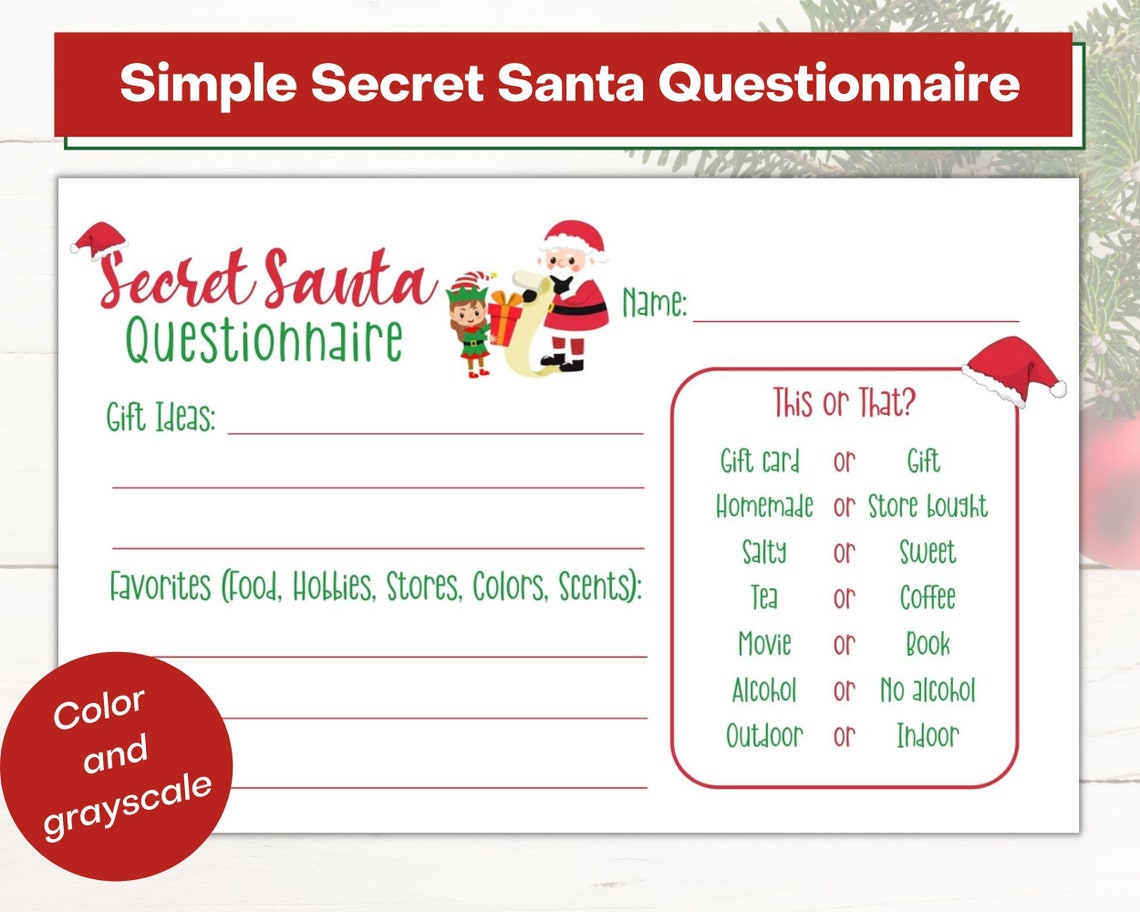 Secret Santa Questions Printable, Secret Santa Form, Secret Santa ...