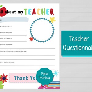Questionário de apreciação do professor para impressão | Download Digital Instantâneo | Melhor Nota do Professor | Presente de agradecimento ao professor | Presente de fim de ano