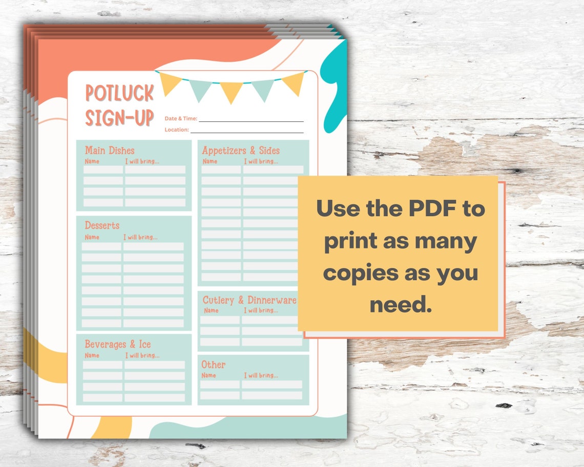 Printable Potluck Sign-up Sheet, 8.5x11 Fillable PDF, Office Potluck ...