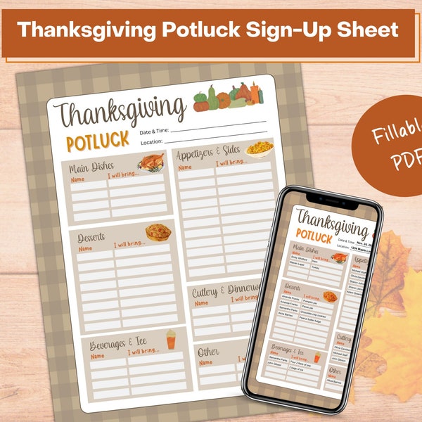 Thanksgiving Printable Potluck Sign-Up Sheet | 8.5x11 fillable PDF | Office Potluck | Friendsgiving | Carry-in Sign-Up Sheet