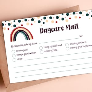 Daycare Note Printable | Kindertagesstätte Mail | Boho Kindertagesstätte Brag Karte | Kita Eltern Notiz | Druckbare Notizen | Boho Regenbogen