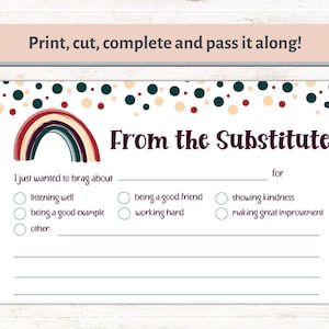 Substitute Mail Printable | Boho Rainbow Sub Note | Good Report from Teacher | Printable Notes | Teacher Brag Note | From the Substitute