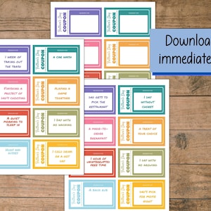 Peut inclure: Un ensemble de coupons imprimables pour la f&ecirc;te des p&egrave;res avec des arri&egrave;re-plans color&eacute;s et diverses activit&eacute;s, telles qu'un lavage de voiture, une matin&eacute;e tranquille pour dormir et un cadeau de votre choix. Le texte "T&eacute;l&eacute;charger imm&eacute;diatement !" est dans une bo&icirc;te bleue en haut &agrave; droite de l'image.