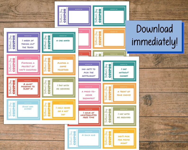 Peut inclure: Un ensemble de coupons imprimables pour la f&ecirc;te des p&egrave;res avec des arri&egrave;re-plans color&eacute;s et diverses activit&eacute;s, telles qu'un lavage de voiture, une matin&eacute;e tranquille pour dormir et un cadeau de votre choix. Le texte "T&eacute;l&eacute;charger imm&eacute;diatement !" est dans une bo&icirc;te bleue en haut &agrave; droite de l'image.