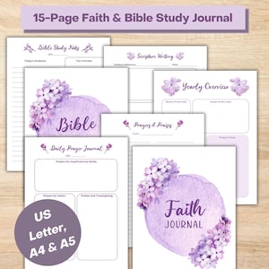 Peut inclure: Un journal d'étude biblique et de foi imprimable de 15 pages avec un motif floral violet. Le journal comprend des pages pour la prière quotidienne, l'écriture des Écritures et des aperçus annuels. Le journal est disponible en formats US Letter, A4 et A5.