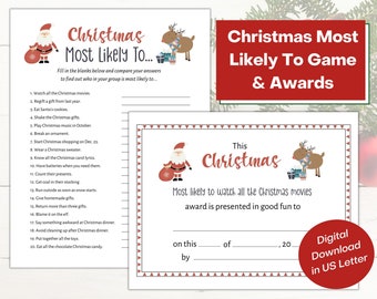 May include: Printable Christmas game with a red and white Santa Claus and reindeer illustration. The game is called "Christmas Most Likely To..." and includes a list of 20 Christmas-themed activities. The game is designed to be played with a group of people to determine who is most likely to do each activity.