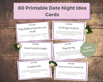 May include: A set of 80 printable date night idea cards with a purple and white design. The cards feature different date night ideas, such as playing childhood favorites at an arcade, creating the perfect playlist, completing a DIY project, going through old photos, playing laser tag, and making an ice cream sundae bar.