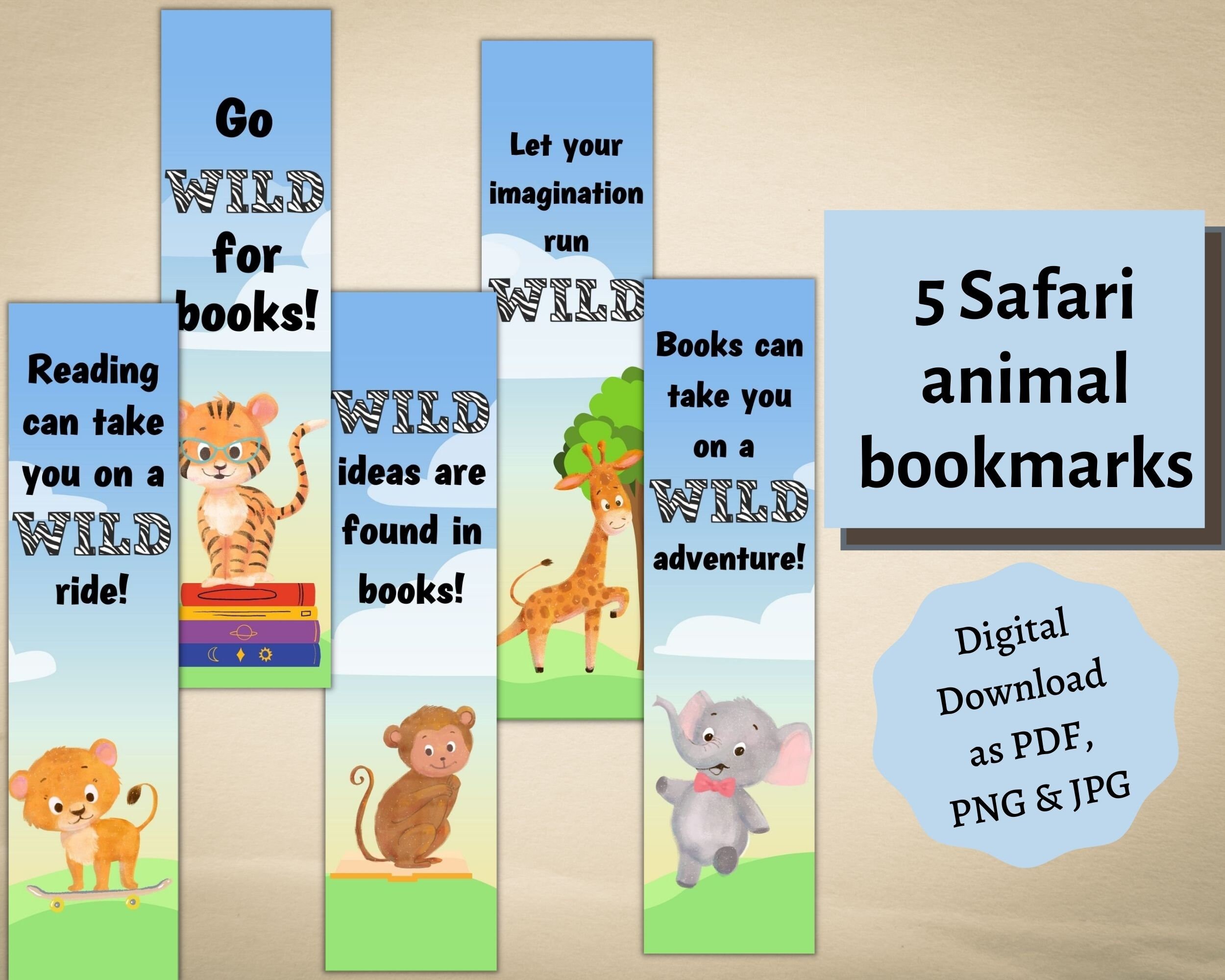 Printable Bookmarks for Kids Printable Safari Bookmarks Digital Bookmarks Bookmark Set Childrens