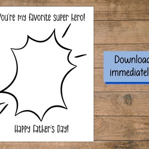 Peut inclure: Une carte imprimable pour la f&ecirc;te des p&egrave;res avec une bulle de dialogue de style bande dessin&eacute;e en noir et blanc. Le texte sur la carte est "Tu es mon super h&eacute;ros pr&eacute;f&eacute;r&eacute; ! Joyeuse f&ecirc;te des p&egrave;res !" et "T&eacute;l&eacute;charger imm&eacute;diatement !"