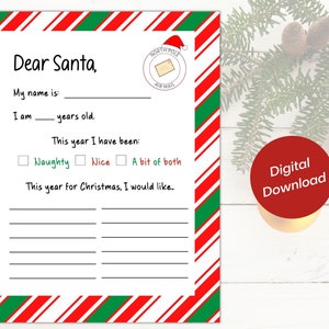 Brief an Santa Printable | Weihnachtsgeschenk Wunschliste Druckbare Vorlage | Geschenkliste des Kindes | Kinder Arbeitsblatt | Lieber Santa | Weihnachtsbrief