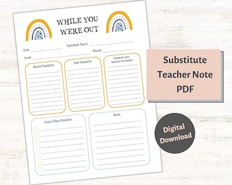 Boho Rainbow Substitute Teacher Note Printable (PDF)