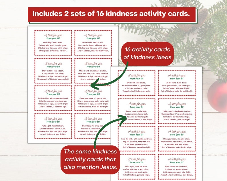 Includes 2 sets of 16 kindness activity cards: 16 activity cards of kindness ideas and the same 16 kindness activity cards that also mention Jesus.