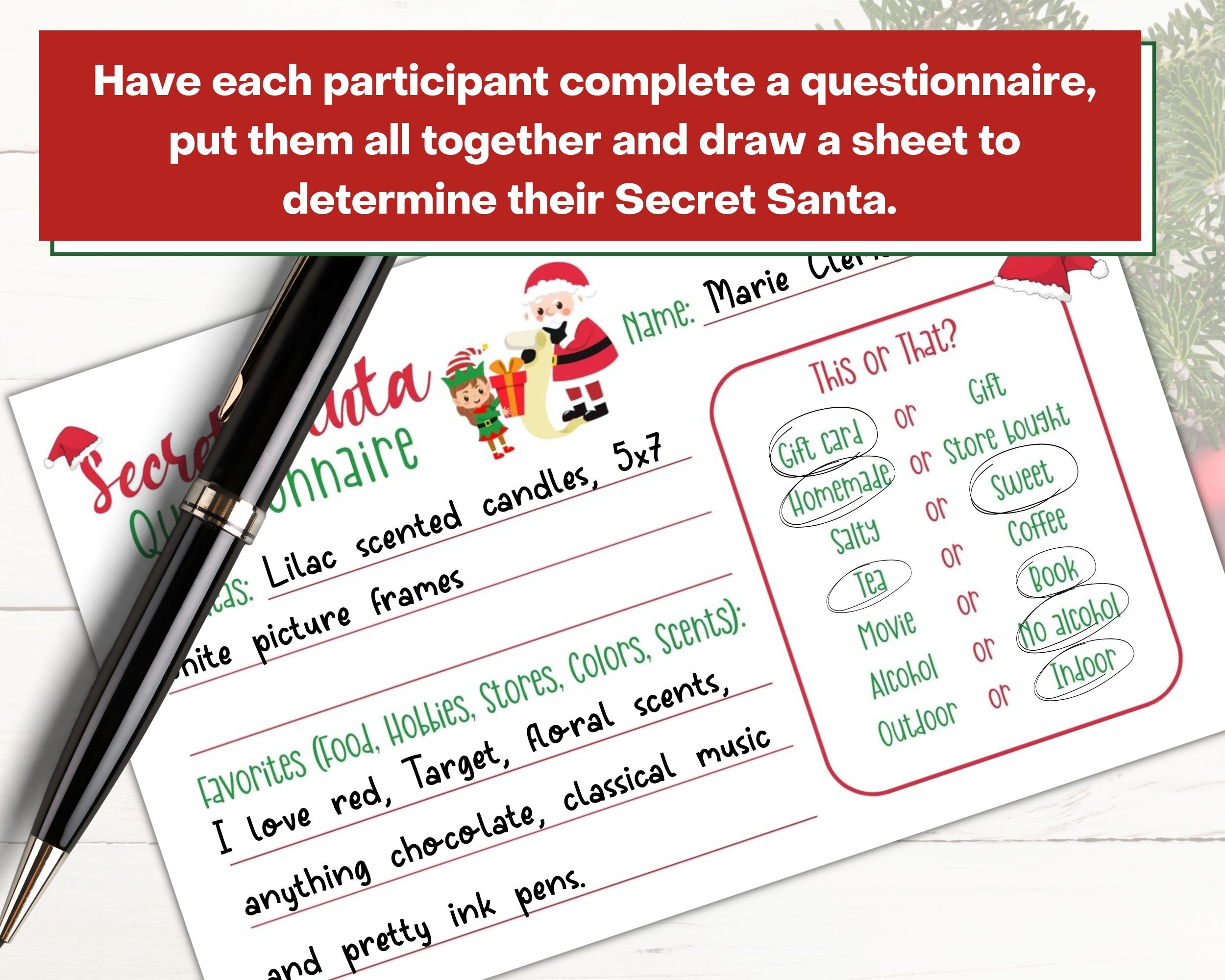 Secret Santa Questions Printable, Secret Santa Form, Secret Santa ...