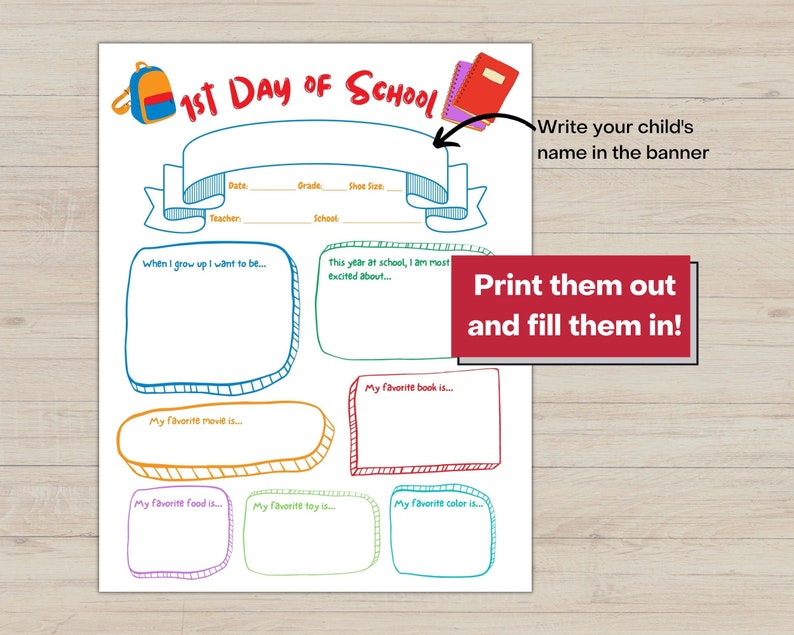 First Day of School Questionnaire Printable First Day of School