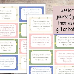 May include: A set of 10 printable cards with inspirational quotes from the Bible. The cards are decorated with lemons and flowers and have a pink, green, and blue color scheme.