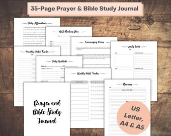 May include: A black and white printable prayer and bible study journal with 35 pages. The journal includes sections for daily affirmations, bible reading plans, encouraging verses, yearly goals, monthly habit tracker, daily gratitude, weekly habit tracker, and resources. The journal is available in US Letter, A4, and A5 sizes.
