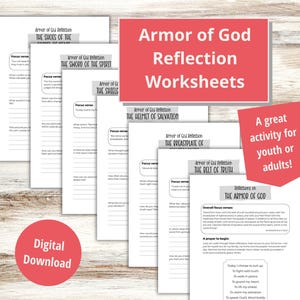 Puede incluir: Un conjunto de hojas de trabajo blancas con los títulos "Armor of God Reflection" y varios temas relacionados. Una pancarta roja dice "Armor of God Reflection Worksheets". Un círculo rojo con "Descarga digital" está en la parte inferior izquierda.